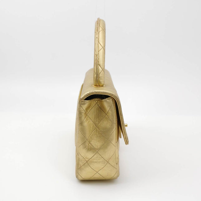 Sold Chanel 1994 Classic Flap Kelly Top Handle Bag Medium Metallic Gold Lambskin Leather