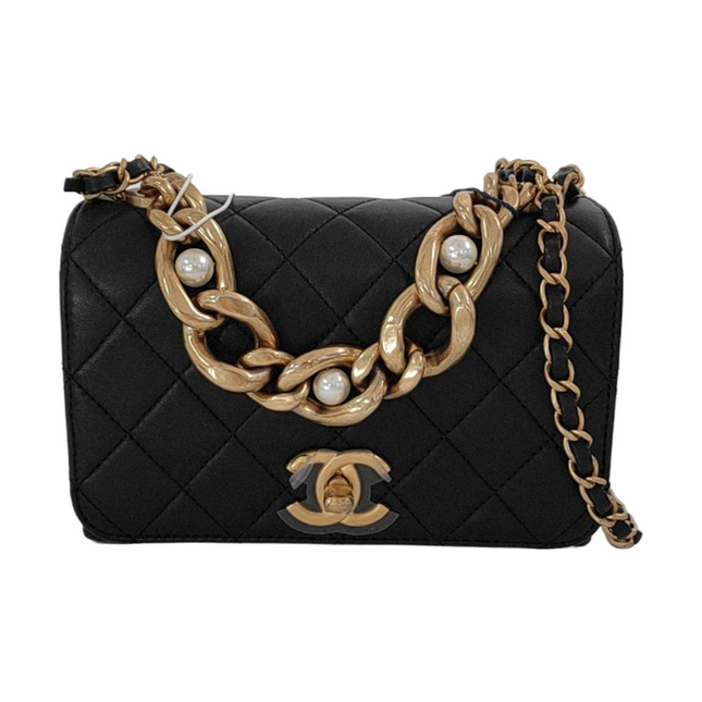 Chanel Classic Flap Mini Pearl Chain Black Lambskin Gold Hardware-Luxbags