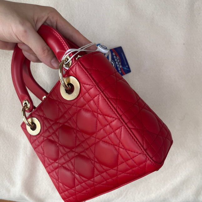 Sold Lady Dior Red Mini handbag Cannage Leather with strap