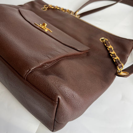 Chanel Vintage Front Pocket Tote Chocolate Brown Caviar Leather Double Gold Leather Chain