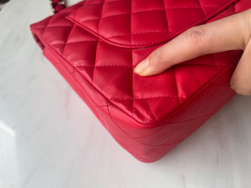 Chanel Classic Flap 2009 Large Red Leather Gold Hardware Velvet Chain Matelasse Strap