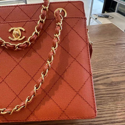 Chanel Vintage Small Matelasse Orange Caviar Leather Top Handle Bag
