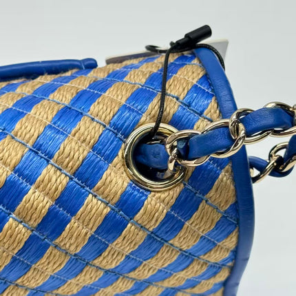 Chanel Mini Raffia Jute Striped Flap Bag Blue Diamond Wild Stitch