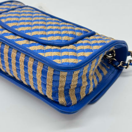 Chanel Mini Raffia Jute Striped Flap Bag Blue Diamond Wild Stitch
