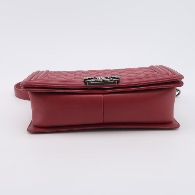 Chanel Le Boy Medium Bag Burgundy Lambskin Leather Silver Antiqued Hardware