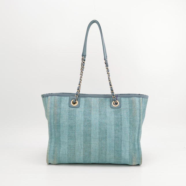 Chanel Deauville Tote Light Blue Turquoise Stripes Cloth Leather Chain Handle Small 34cm