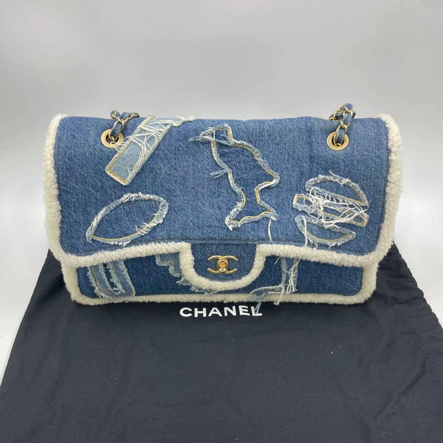 Chanel Blue Denim White Shearling Egyptian Hieroglyph Maxi Flap Bag Gold Hardware, 2019