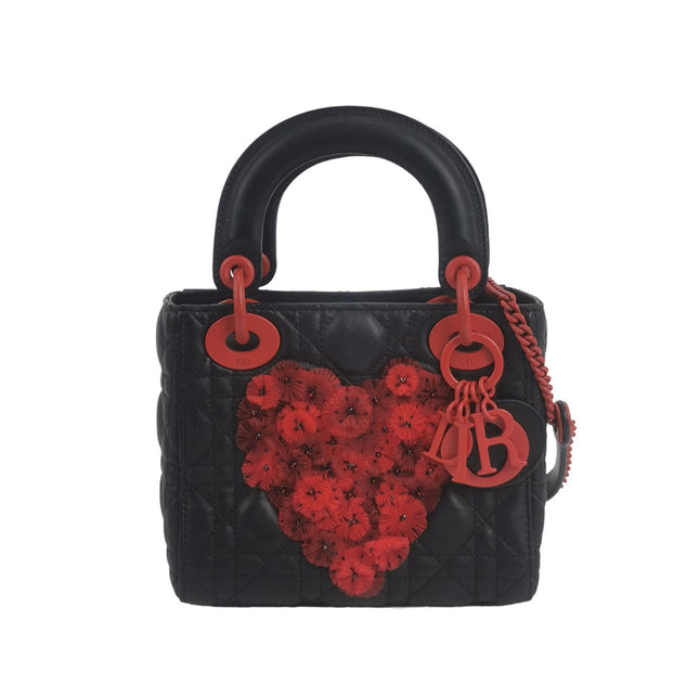Lady Dior Mini Black Lambskin Leather Red Tulle Ruffle Heart Silver Hardware 2019-Luxbags