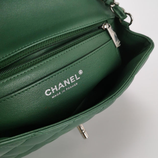 Chanel Classic Flap Mini Rectangular Green Lambskin Leather Silver Hardware