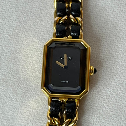 CHANEL 1987 Vintage PREMIERE Watch Medium Black Leather and 24KT Yellow Gold Plated