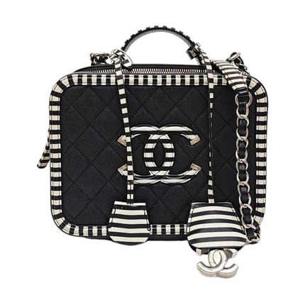 Chanel Filigree Medium Vanity Case Black and White Happy Stitch Top Handle with Chain-Luxbags