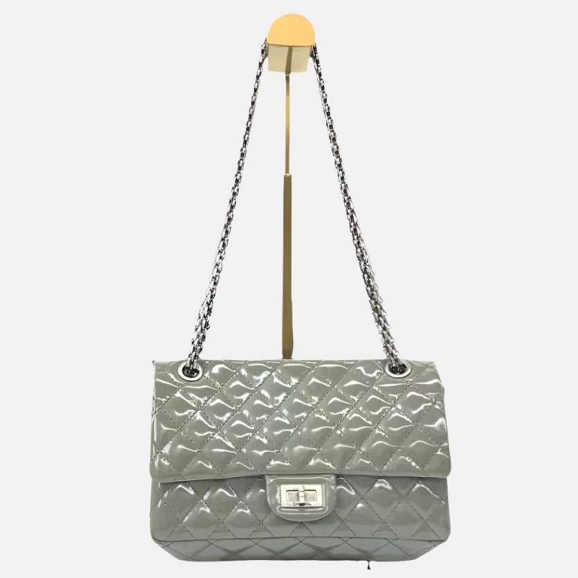 Chanel 2.55 Flap Bag Patent Leather Double Bottom Small Grey-Luxbags