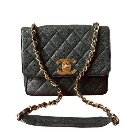 Chanel Classic Flap Vintage Black Caviar Leather 24k Gold Plated Giant CC Logo, 1994-96-Luxbags