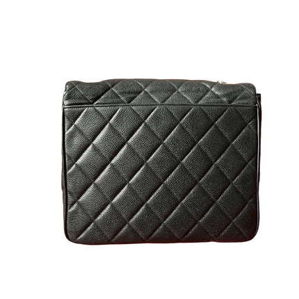 Chanel Classic Flap Vintage Navy Black Caviar Leather 24k Gold Plated Giant CC Logo, 1994-96