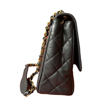 Chanel Classic Flap Vintage Navy Black Caviar Leather 24k Gold Plated Giant CC Logo, 1994-96