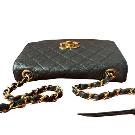 Chanel Classic Flap Vintage Navy Black Caviar Leather 24k Gold Plated Giant CC Logo, 1994-96
