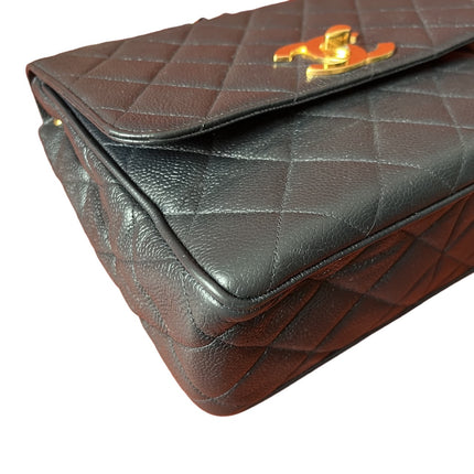 Chanel Classic Flap Vintage Navy Black Caviar Leather 24k Gold Plated Giant CC Logo, 1994-96