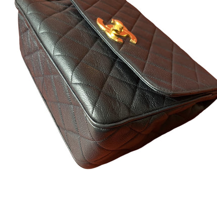 Chanel Classic Flap Vintage Navy Black Caviar Leather 24k Gold Plated Giant CC Logo, 1994-96