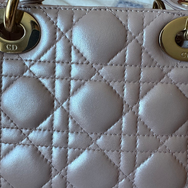 Lady Dior Mini Pearlescent Pink Lambskin Leather Gold HW Chain Strap