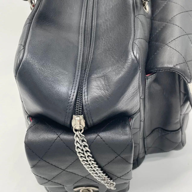 Chanel Cambon Multi-pocket Ligne Reporter Bag Large Black Calfskin Leather White Logo