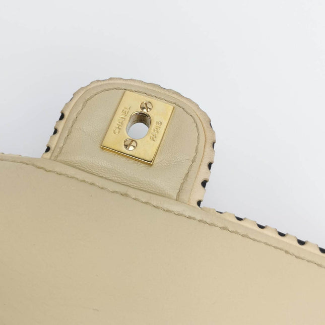 Sold Chanel Classic Flap Medium Happy Stitch Beige Leather with Contrast Black Trim