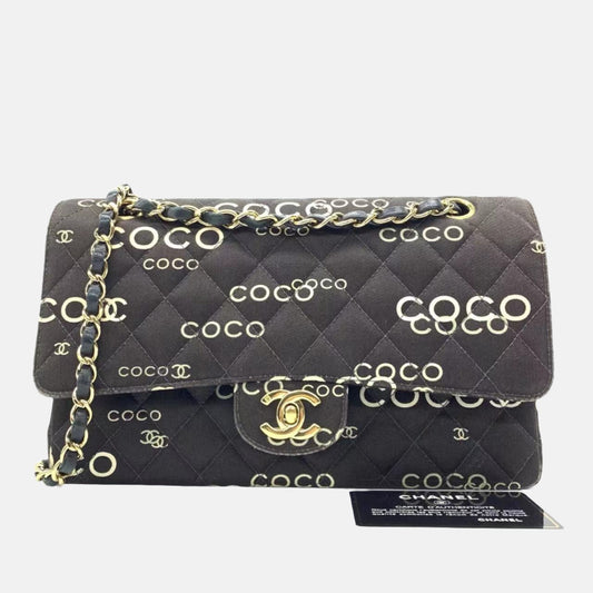 Chanel Classic Flap Diamond Stitch 2002 Black Denim with Coco Logo Prints 24k Gold Hardware-Luxbags