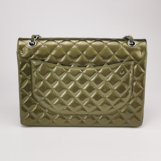 Chanel Classic Flap Maxi Metallic Green Patent Leather Double Flap Sliver Hardware 2012