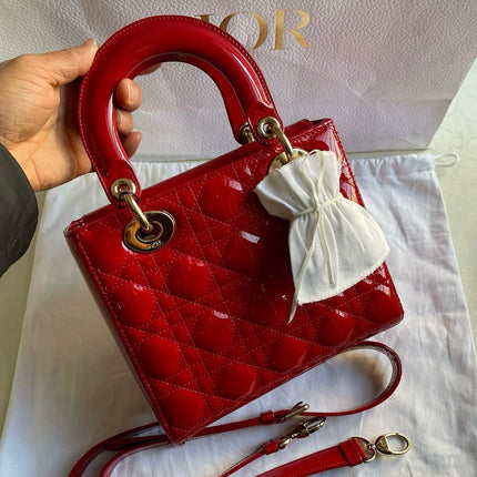Lady Dior Small Red Patent Leather with Strap
