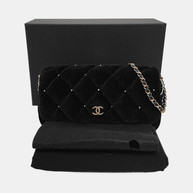 Chanel Mini Flap Black Velvet Gem Studded Silver Hardware Microchip
