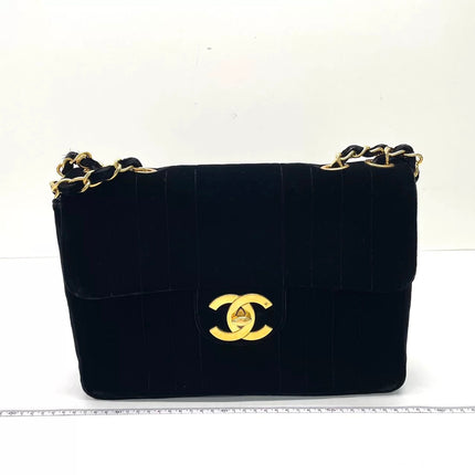 Chanel Classic Flap Maxi Black Velvet Leather Giant Gold CC Logo-Luxbags
