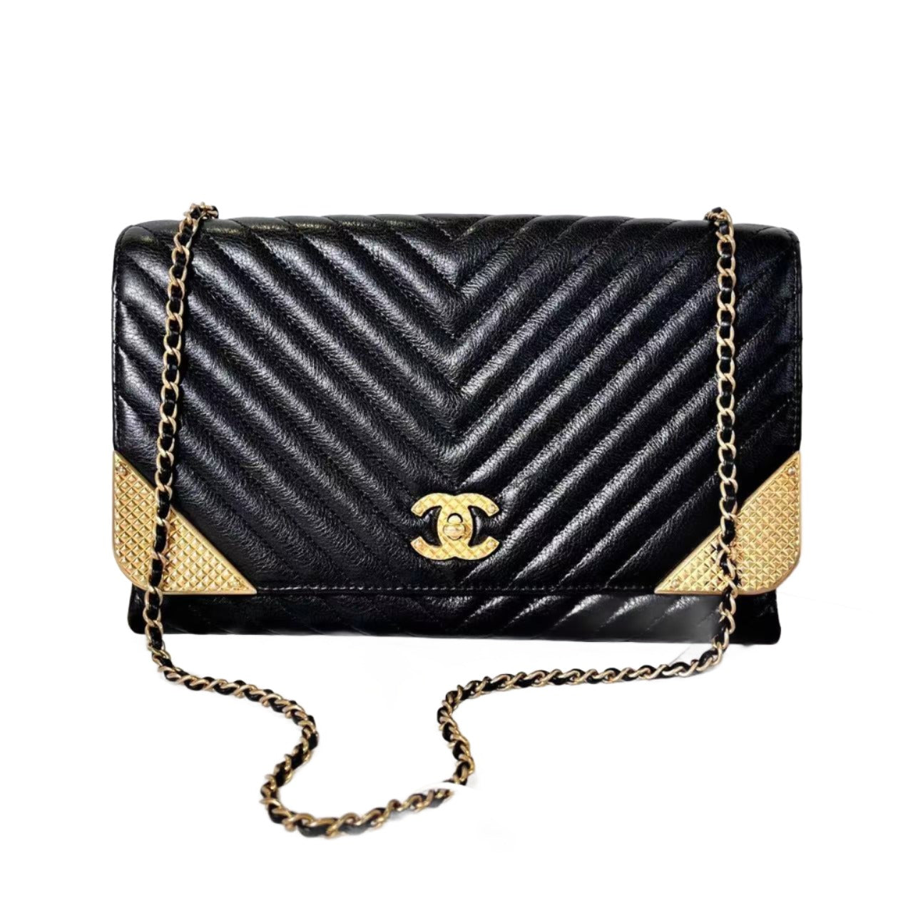 Chanel Chevron Rock The Corner Studded Edge Clutch with Chain