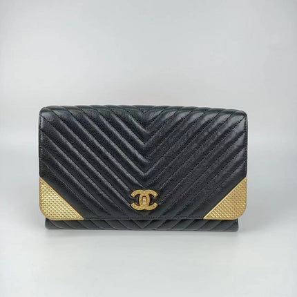Sold Chanel Chevron Rock The Corner Studded Edge Clutch with Chain