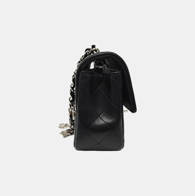 Chanel Classic Flap Mini 2014 Black Lambskin Camellia Charms Silver Hardware