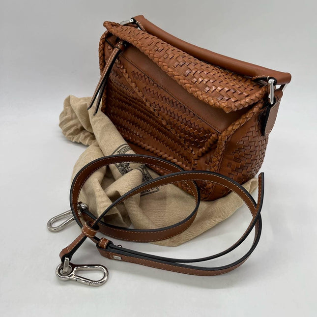 Loewe Puzzle Small Leather Woven Caramel Tan Crossbody Bag