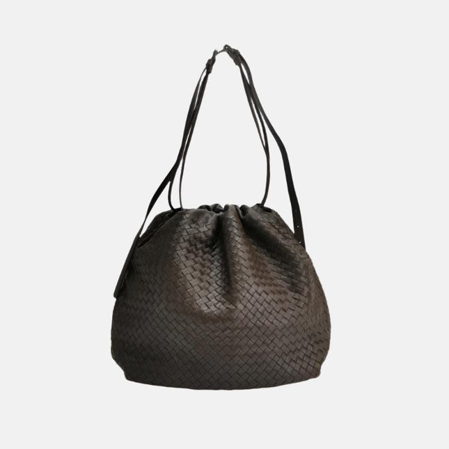 Bottega Veneta Drawstring Dark Chocolate Brown Intrecciato Leather Large Crossbody Bag-Luxbags
