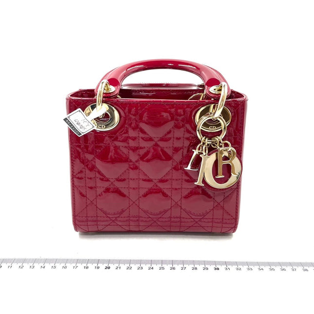 Lady Dior Mini Handbag Burgundy Red Patent Leather Gold-tone Chain Strap