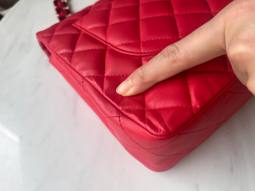 Chanel Classic Flap 2009 Large Red Leather Gold Hardware Velvet Chain Matelasse Strap