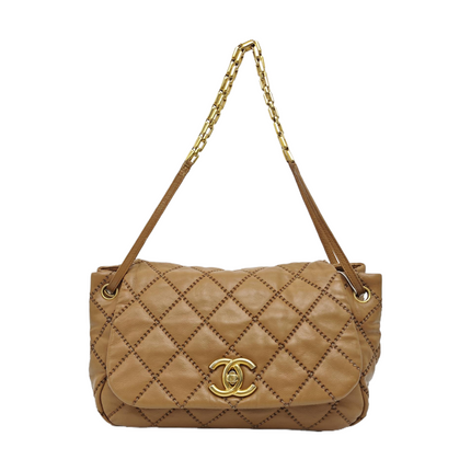 Chanel Double Stitch Retro Chain Accordion Flap Bag Brown Calfskin Leather