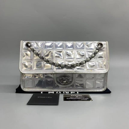 Sold Chanel Ice Cube Chocolate Bar Classic Flap Metallic Silver PVC with Leather