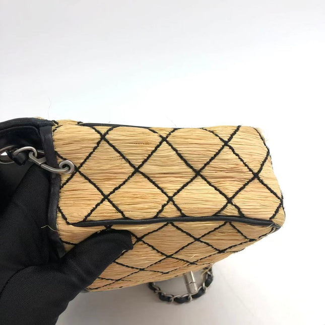 Chanel Medium Straw Wicker Flap Bag Black Diamond Wild Stitch