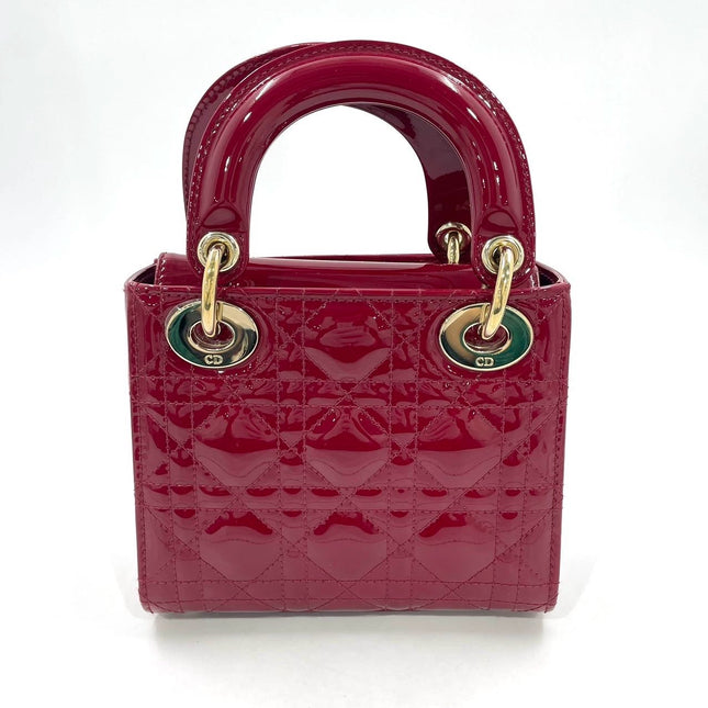 Lady Dior Mini Handbag Burgundy Red Patent Leather Gold-tone Chain Strap