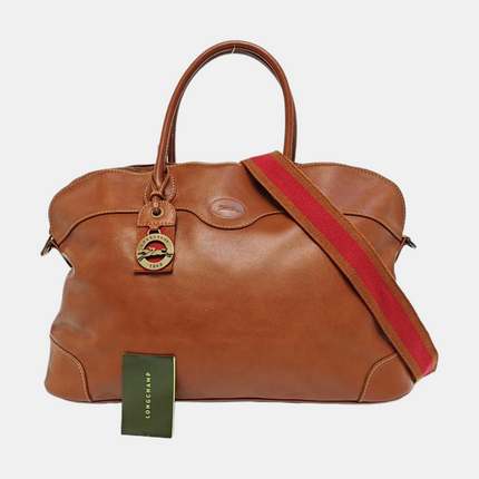 Longchamp Au Sultan Weekender Brown Leather Top Handle Travel Bag Canvas Strap