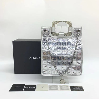 Chanel Silver Ice Cube Tote Leather and Vinyl with Chains