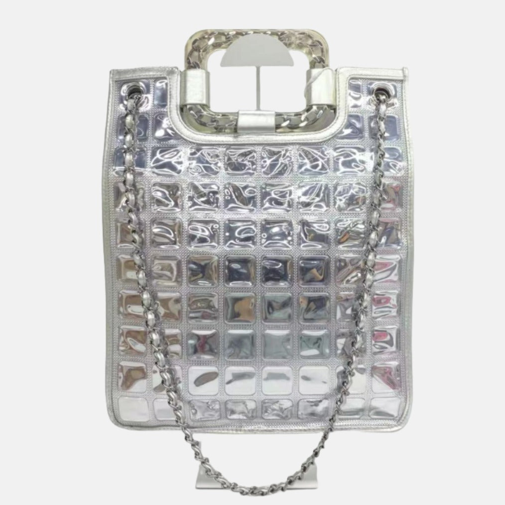 Chanel Silver Ice Cube Tote Leather and Vinyl with Chains-Luxbags