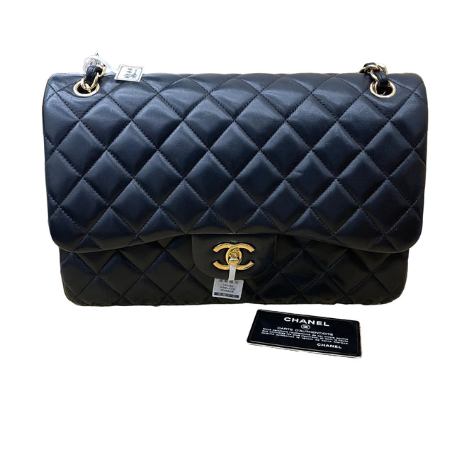 Chanel Classic Flap Jumbo Black Lambskin Leather Double Flap Gold Hardware, 2017-18-Luxbags