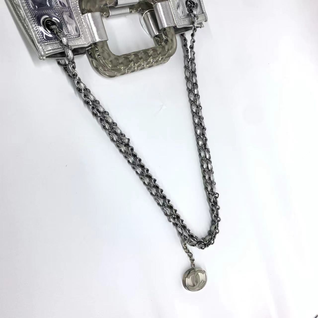 Chanel Silver Ice Cube Tote Leather and Vinyl with Chains