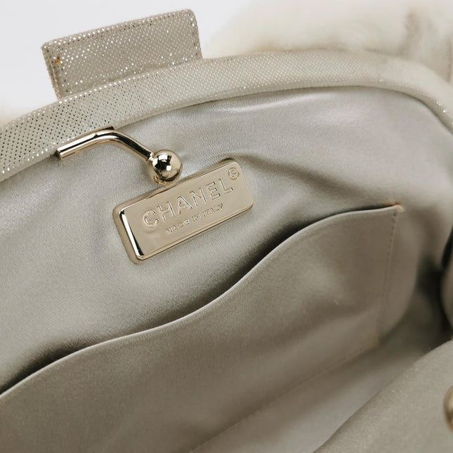 Chanel White Rabbit Fur Kiss Lock Clutch Chain Bag