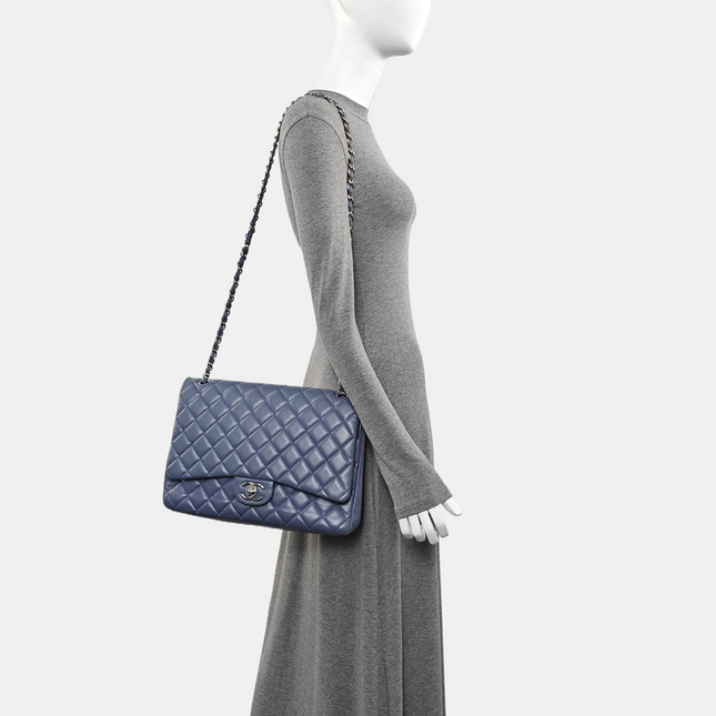 Chanel Classic Flap Maxi Ash Navy Lambskin Leather Double Flap Silver Hardware 2011