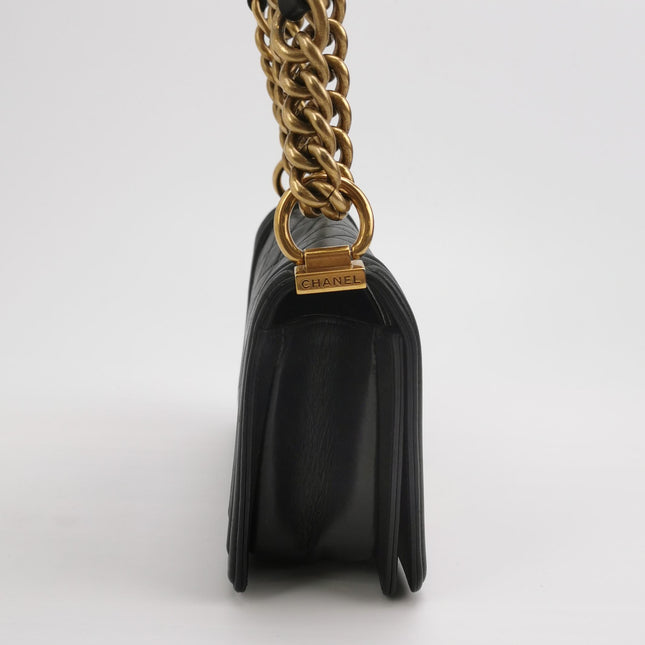 Chanel Le Boy Small Black Lambskin Leather Antiqued Gold Hardware