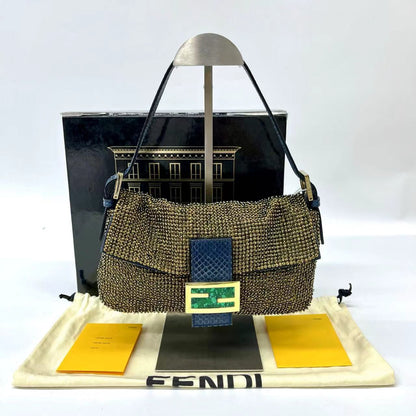 Sold Fendi Baguette Rare Vintage Gold Metallic Beaded Snake-skin Trimmed Shoulder Bag